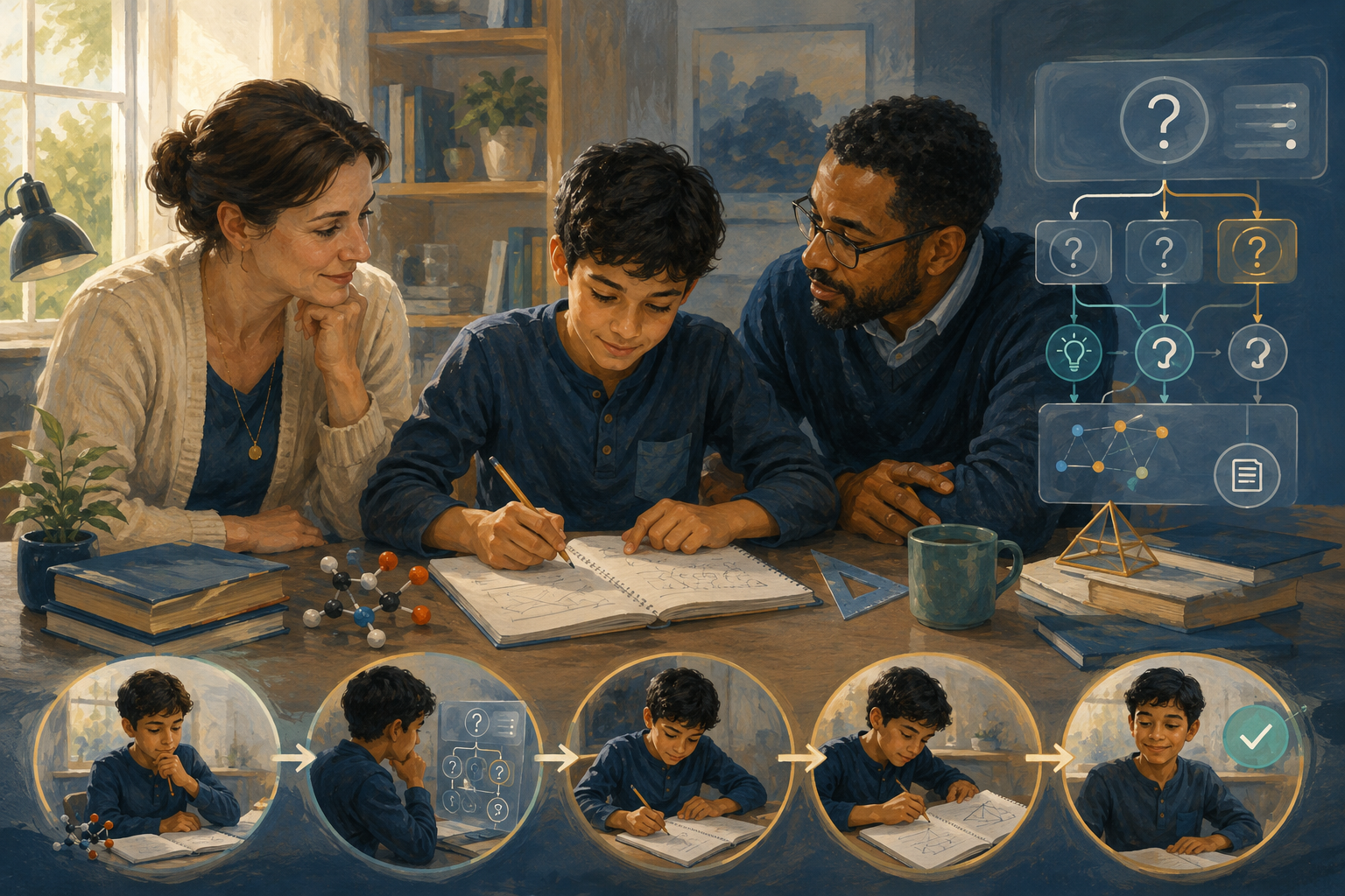 A student works independently while a parent and educator guide the learning process and an AI tutor supplies structured questions and hints