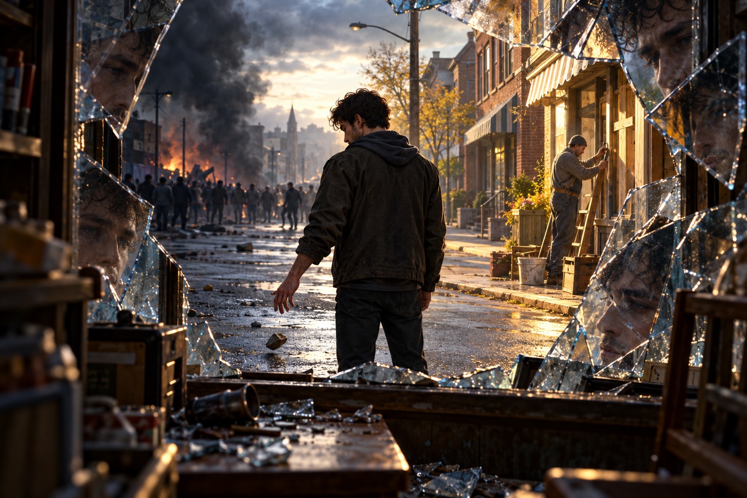 A man releases a stone outside a shattered storefront, between a destructive crowd and a neighbor rebuilding