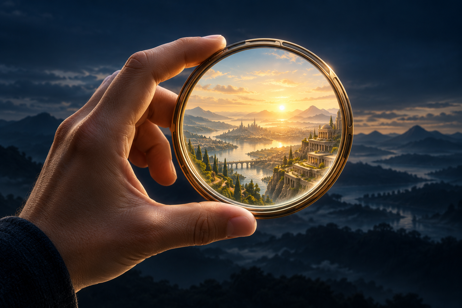 A human hand holds a luminous lens within a protective frame, revealing an open landscape
