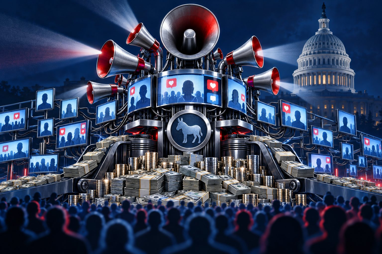 Editorial illustration of political messaging machinery, advertising money and media screens with the Capitol in the background