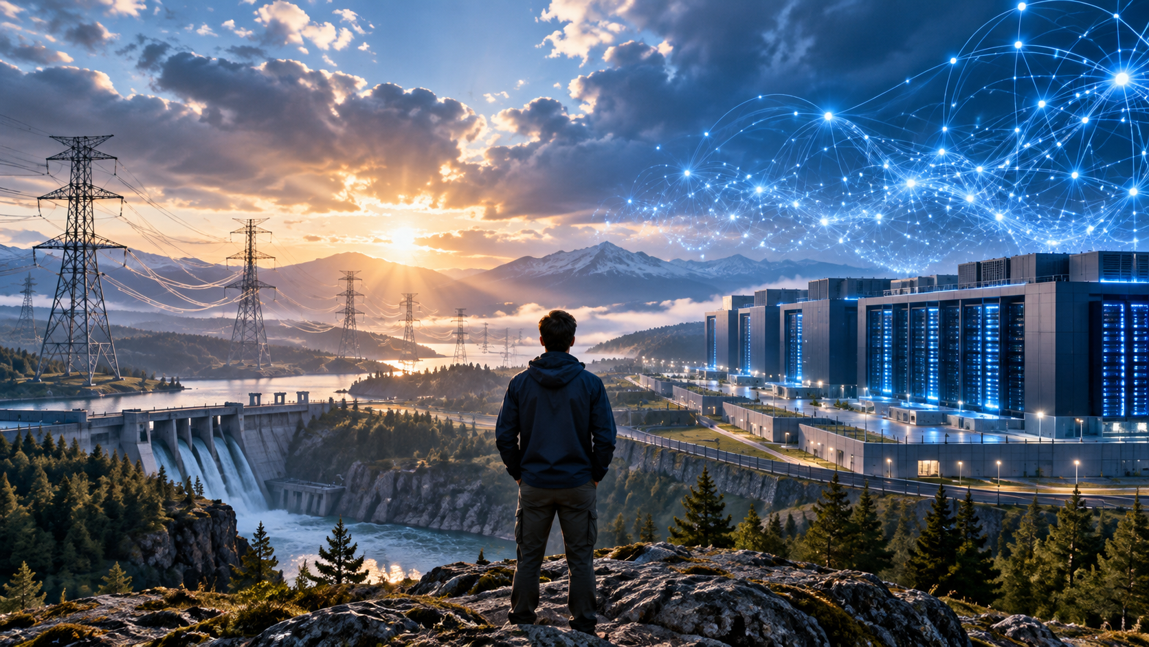 A person looks toward a data center, power lines, and an abstract AI network at dawn
