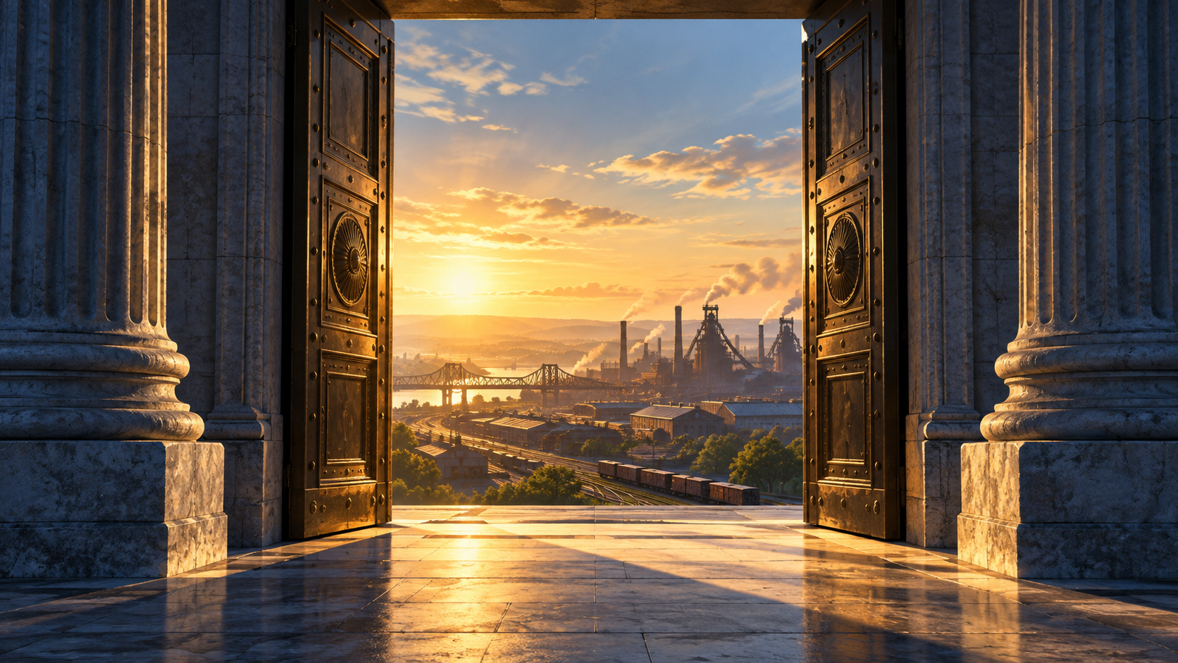 A civic doorway opens toward a sunlit American industrial landscape