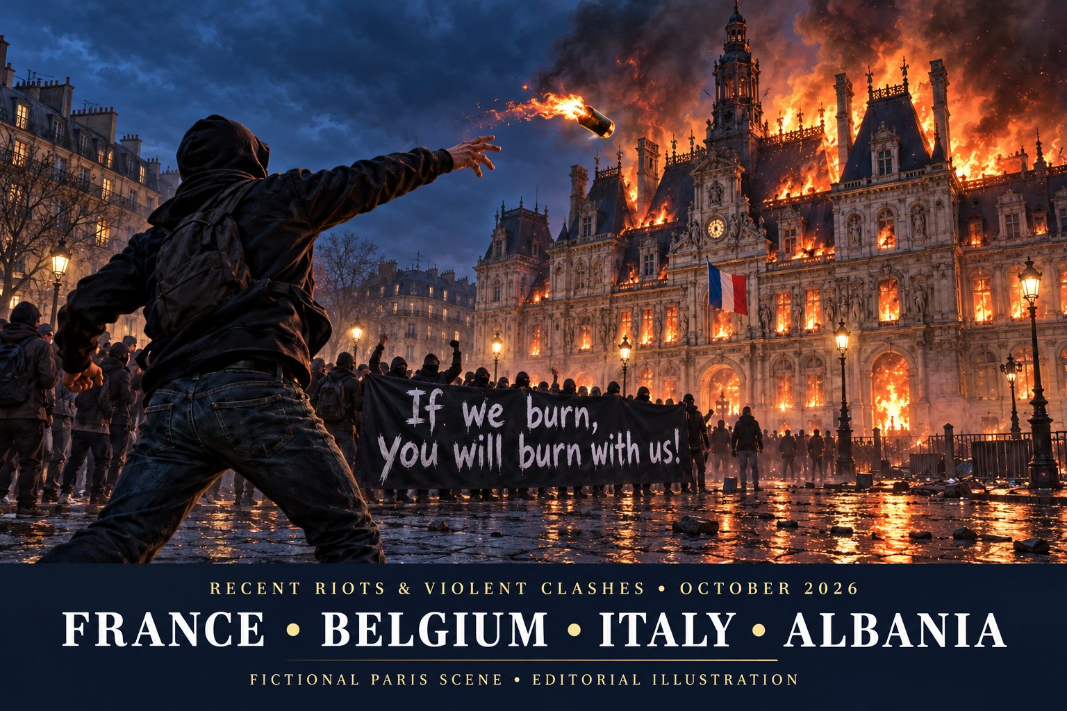 Fictional editorial Paris scene: foreground protester throwing a flaming bottle toward a burning public hall, with protesters holding a banner behind him