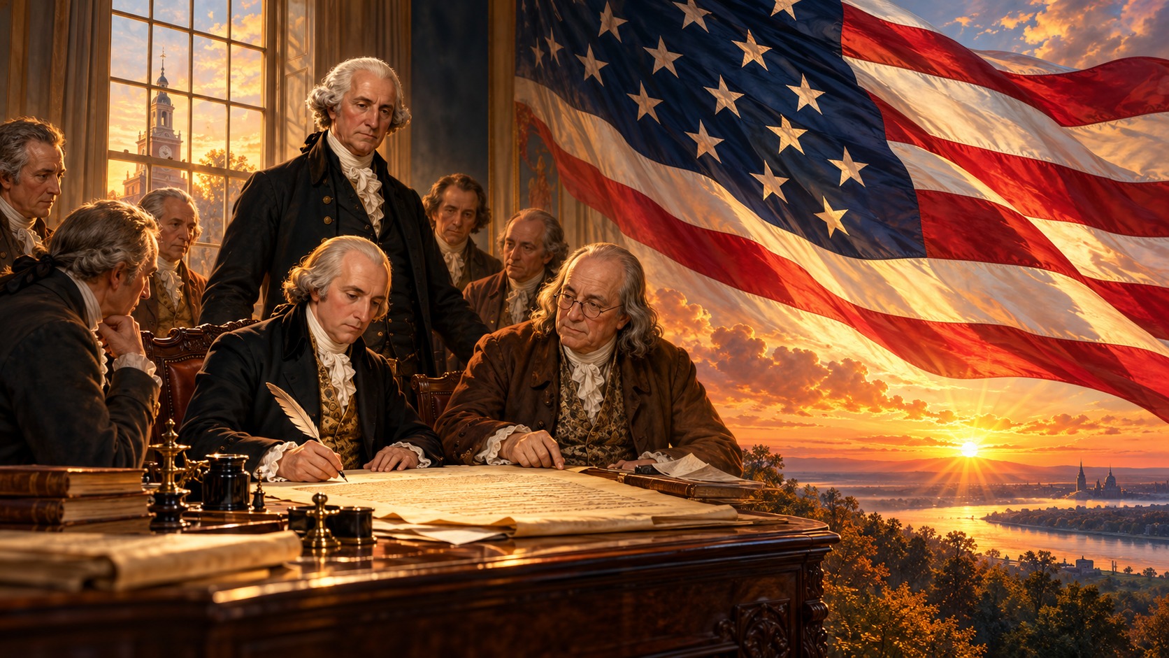 Historical illustration of the Founders drafting the Constitution, with an American flag and sunrise