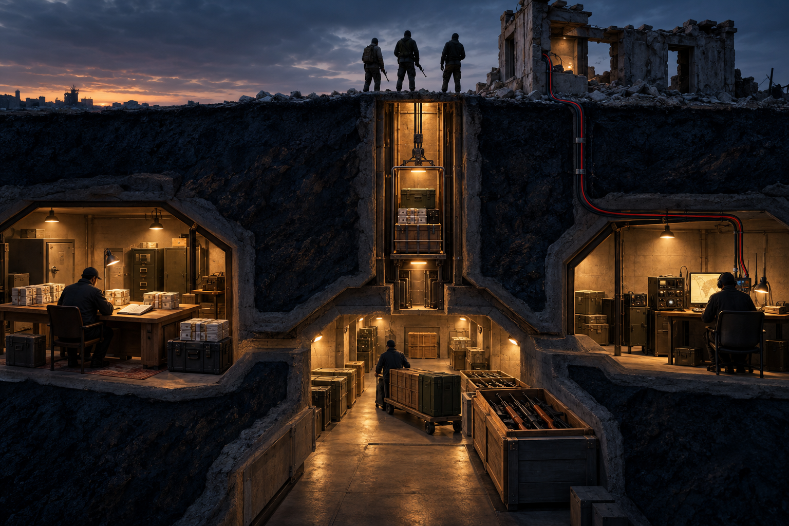 Conceptual cutaway showing three armed figures above a much larger hidden system of money, weapons supplies and communications.