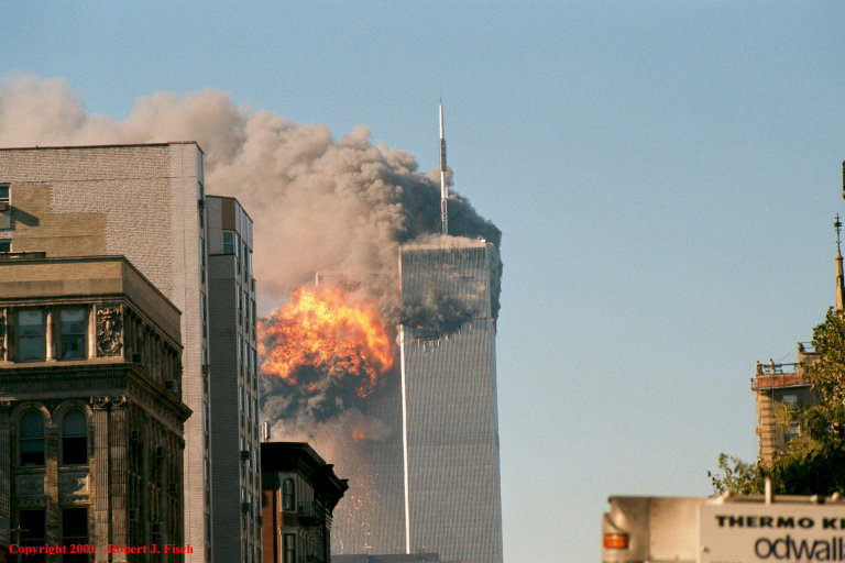 A fireball erupts from the South Tower after United Airlines Flight 175 strikes the World Trade Center, September 11, 2001.