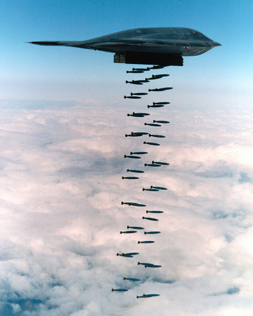 A B-2 Spirit releases Mk 82 bombs during a 1994 training exercise off Point Mugu, California.