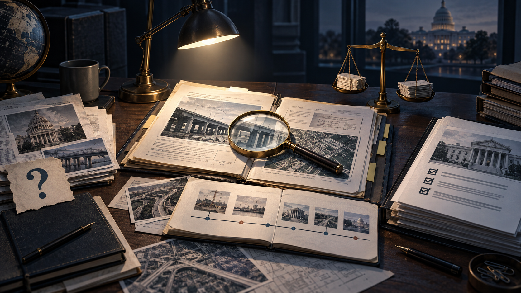 An illuminated evidence dossier, magnifying glass, source records, timeline and balance scale representing questions tested against competing evidence before conclusions are reached